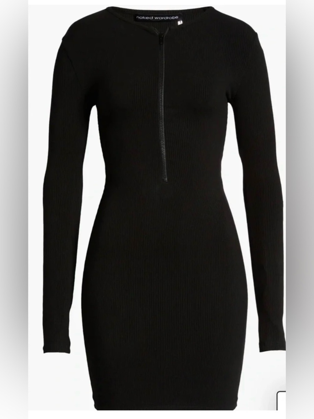 Naked wardrobe Long Sleeve Black Ribbed Zip-Front Bodycon Dress